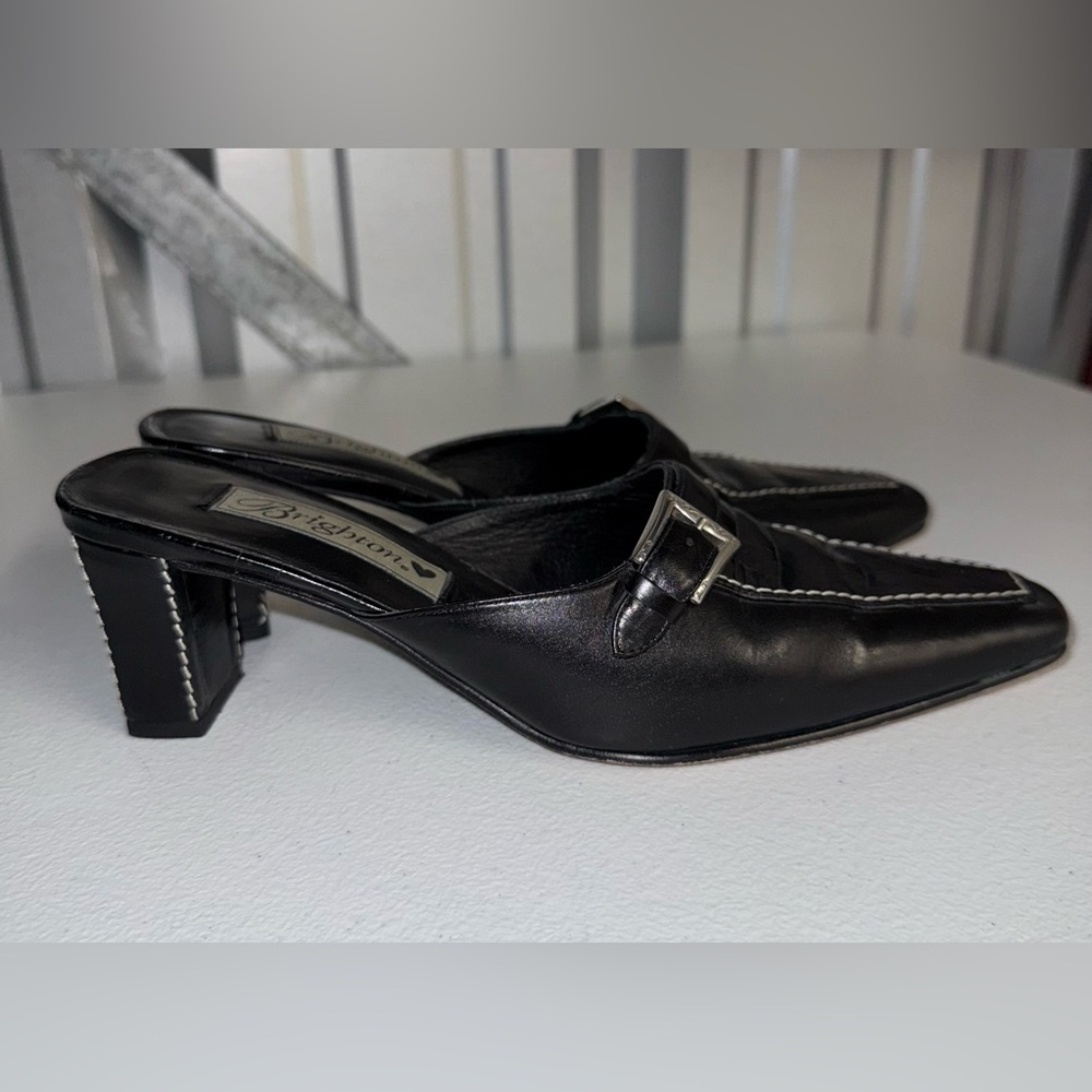 Brighton Bench Made Sz 6 1/2 M Black Mule Clog Heels Faux Alligator Skin - Picture 6 of 9